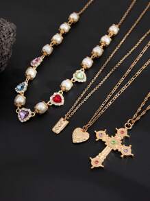 4pcs Classic Luxury Minimalist Multi-Color Crystal & Faux Pearl Necklace, Men's Fashion Personalized Cross Jewelry, Adjustable