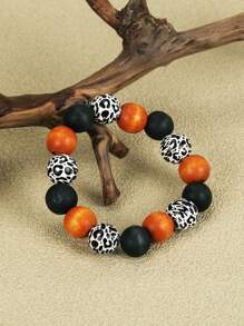 Pulseira de contas de madeira laranja de Halloween, 1 peça, presente para casal, presente para mulher, presente para amiga, presente para melhor amiga, com elasticidade