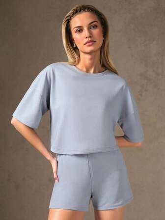 Cropped Oversized T-Shirt & Elastic Waist Loose-Fit Shorts Two-Pieces Set For Women 2025 | Summer Outfits, Beach Vacation & Festival Matching Sets