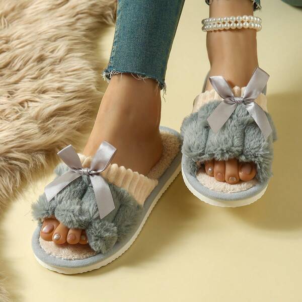 Women's Fuzzy Bow Detail Slip-On Slippers - All Season Indoor Comfy House Slippers For Her