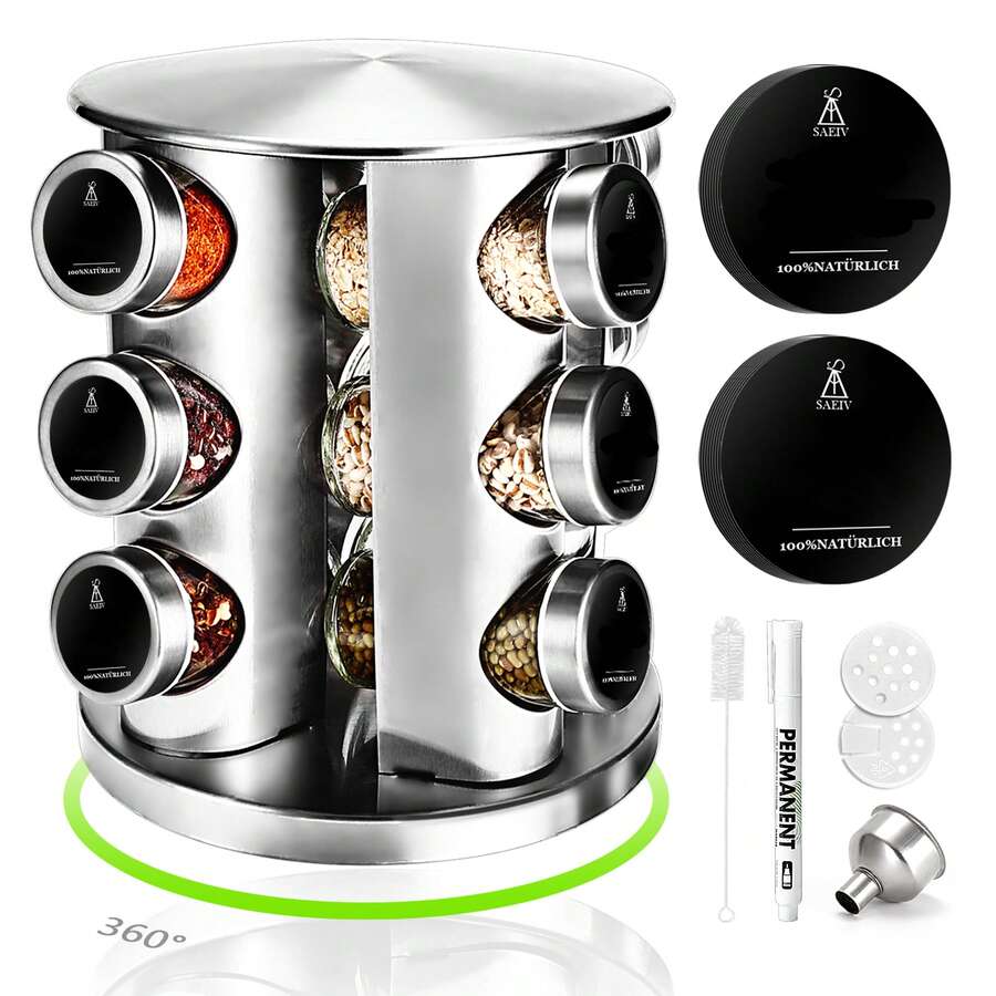 SAEIV 360° Rotating Vertical Spice Rack | Rotating Spice Rack | 12 Spice Jars Of 100 Ml Each | 3-Tier Rotating Spice Rack | German Spice Labels | Kitchen Rack | Spice Storage Rack