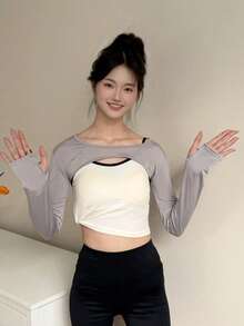 女士防紫外线臂套，弹力透气瑜伽运动薄款开衫长袖上衣，轻便防晒披肩，适合夏季户外运动、骑行、旅行、节日等场合。 - A - 查看 7