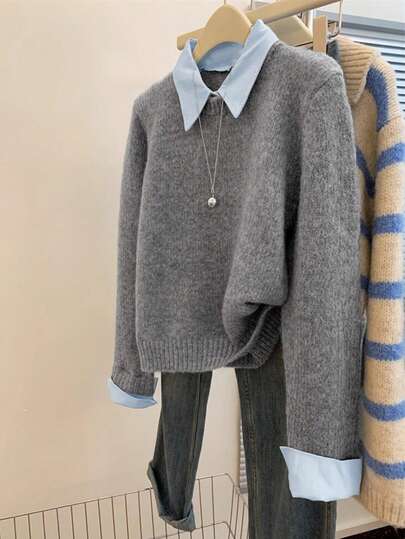 二合一女式 Polo 领毛衣上衣，宽松短款针织套头衫，适合秋冬季