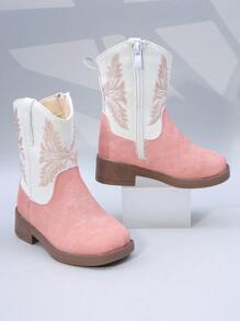 Botas altas para niños, zapatos de niña con botas de tubo alto hasta la pantorrilla, botas occidentales con bordados y tacón alto, diseño de color parchwork con puntera cuadrada y cremallera lateral