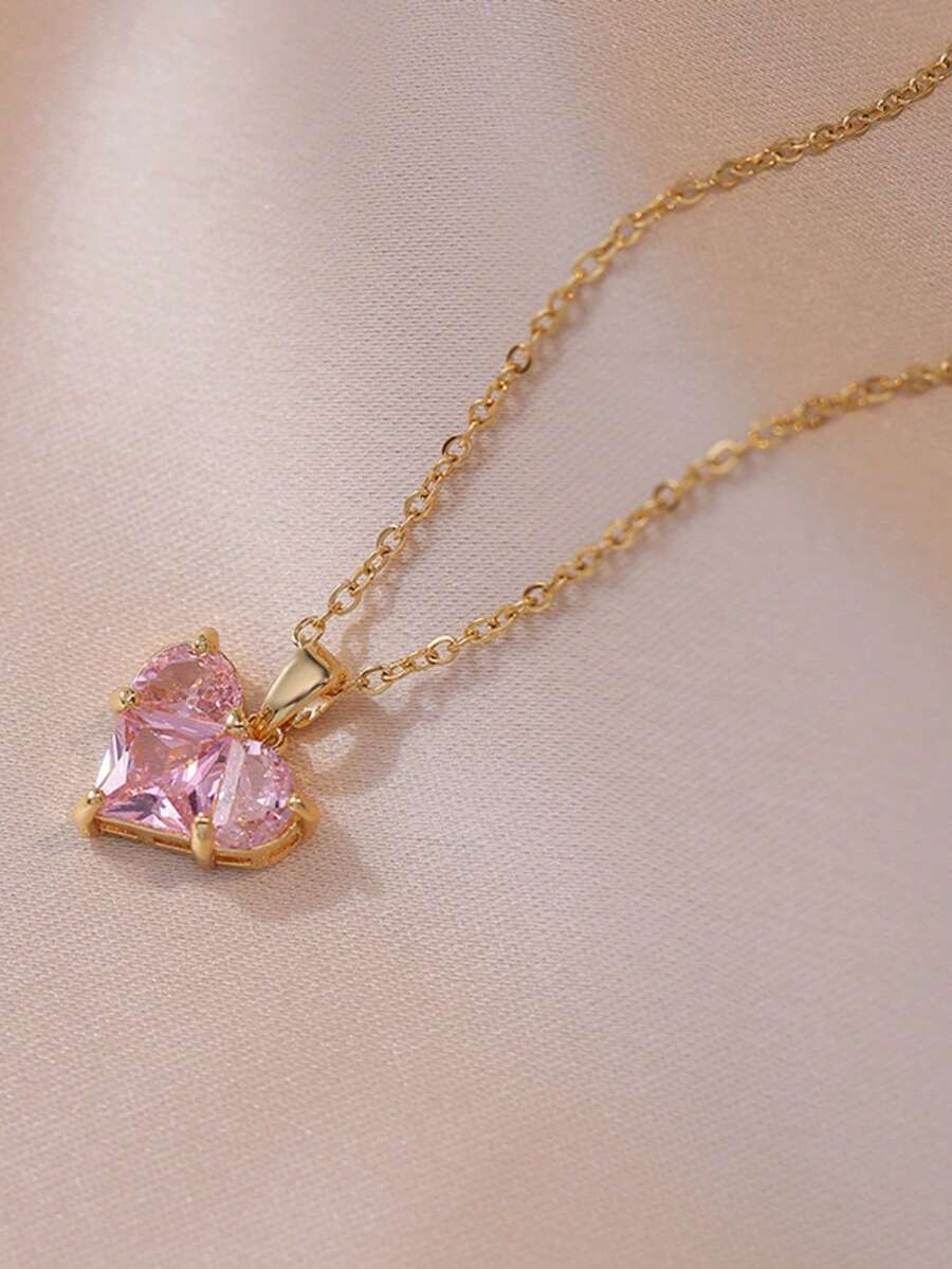 Pink Rhinestone Heart Pendant Necklace, Unlocks The "Sweet And Cool Vibe", Stunning Look - Heart Of Mary - View 1