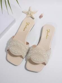 French Style Crystal Embellished Flat Square Toe Slide Sandals For Women, Spring/Summer/Autumn, Elegant Slipper Suitable With Dress, 2025 New Arrival - Beige - View 6