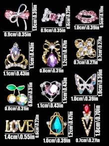 Un paquete de 24 lujosos sets mixtos de uñas de doble color en oro y plata, accesorios de decoración de uñas 3D con rhinestones, flores de diamantes, mariposas, adornos metálicos con forma de cereza, vidrio, cristal, gemas, joyería para uñas, accesorios de manualidades para uñas de niñas, decoración tridimensional