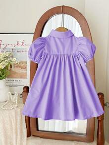 Robe élégante avec col polo, manches bouffantes et nœud papillon pour filles. Tenue de princesse formelle pour la rentrée scolaire - Prune - Voir 3
