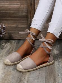 女士平底凉鞋，加大码，罗马风格，系带帆布平底鞋，春秋季 - 灰色 - 查看 1