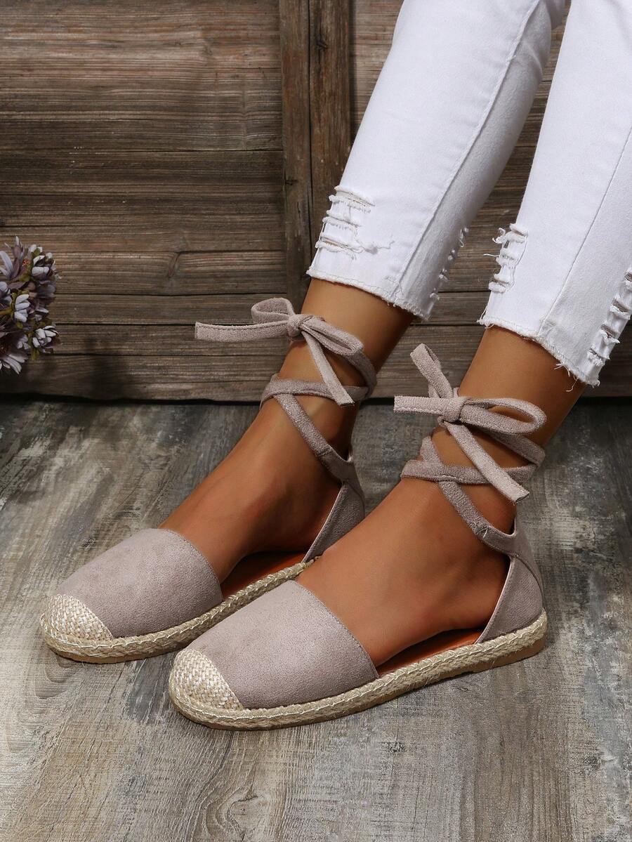 女士平底凉鞋，加大码，罗马风格，系带帆布平底鞋，春秋季 - 灰色 - 查看 1