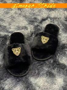 With Gold Panther Rhinestone Inlay Style,House Slippers Are Comfortable, Soft, Fashionable, And Can Be Worn Outside Or At Home. They Are A Choice For Trendsetters,Shoes Women Slippers,Fluffy Slippers,Slippers,Black Minimalist Fuzzy Bedroom Slippers,White Shoes,Gray Shoes