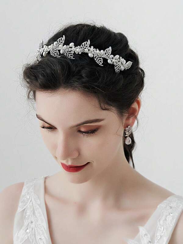 1pc Vintage Bridal Headpiece, Crystal Flower Headband Crown, Handmade Rhinestone Leaf & Pearl Hair Hoop, Wedding Dress Accessory