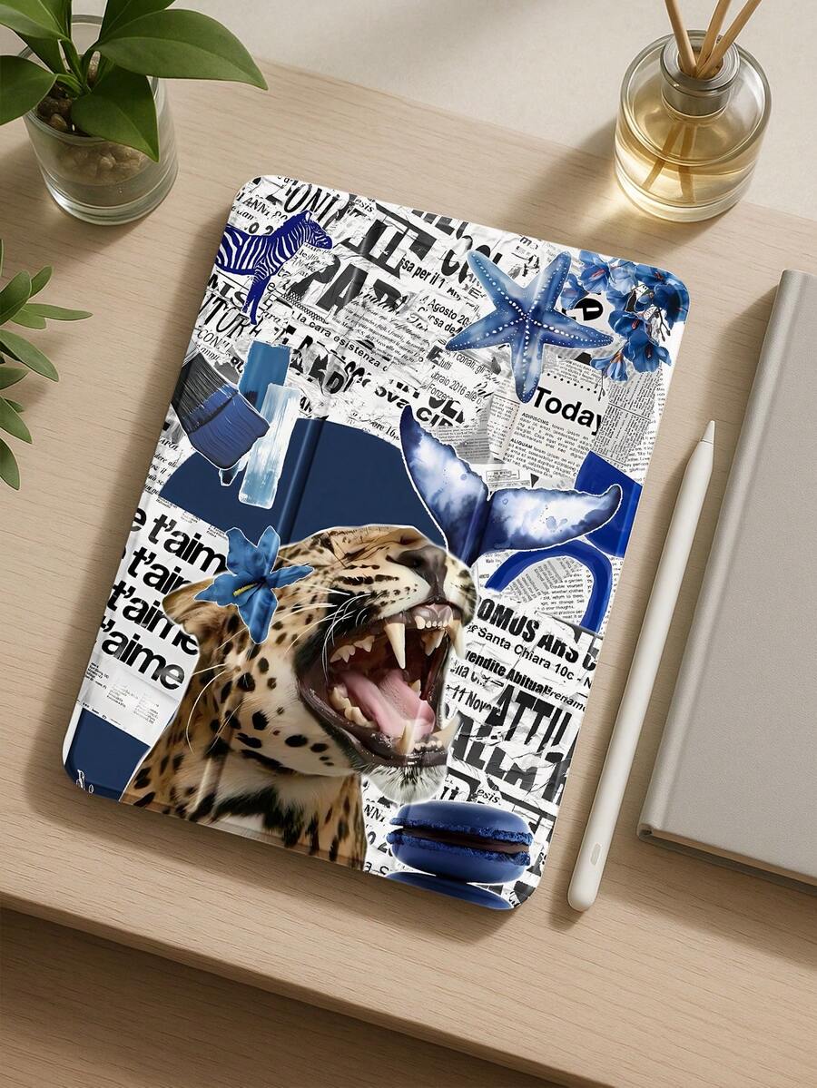 Fierce Animal Leopard & Starfish Newspaper Collage Pattern Protective Case, Compatible With IPad 7th, 8th, 10th Gen (10.2 Inch), Built-In Pencil Slot, Sleep/Wake Function, Holiday & New Year Gift - Multicolor - View 1