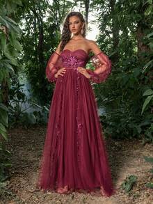 Faeriesty 优雅派对3D花卉装饰网纱露肩连衣裙婚礼春季 - 酒紅色 - 查看 8