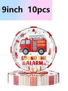 10pcs Cartoon Fire Truck Theme Birthday Party Potluck Paper Cups Paper Plates Consumer Activity Drill Disposable Tableware Set Fire Speech Fire Animation Party - Multicolor - View 10