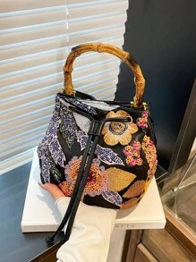High-End Sequin Bamboo Bucket Bag New Niche Women's Bag Summer Popular Embroidery Straw Woven Crossbody Bag