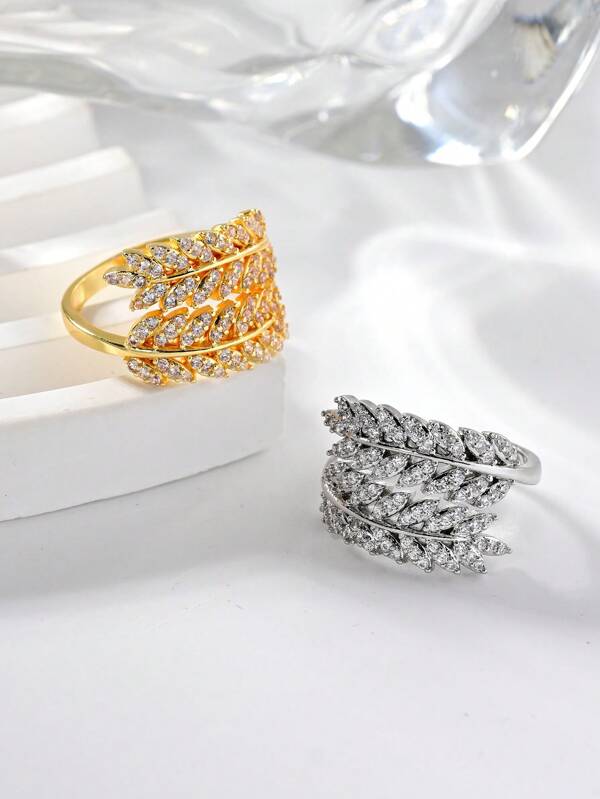 1pc Luxury Cubic Zirconia Leaf Shape Women's Ring,Copper Gold Plated Open End Adjustable Ring,Summer Beach Vacation Fashion Accessories,Elegant Women's Jewelry For Everyday,Holiday,Party,Vacation,Wedding,Valentine's Day Gift.