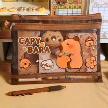 1 件可爱 CAPYBARA 图像铅笔盒，大容量可容纳 A4 书籍、凝胶笔、尺子和其他文具，双层透明纱布铅笔盒。, 返校, 学校用品, 铅笔袋, 书包 - 彩色 - 查看 2