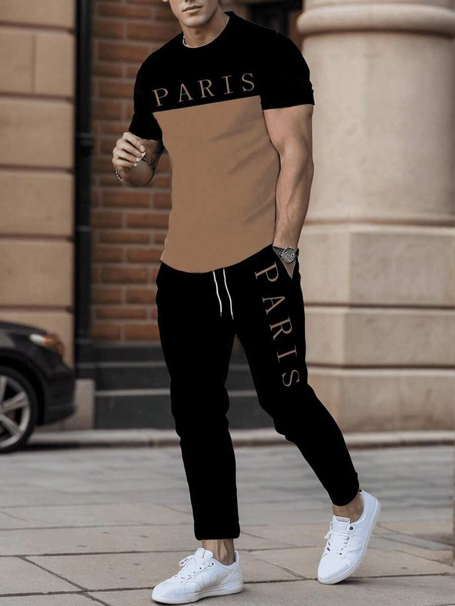 Conjunto de 2 piezas para hombre, con camiseta de manga corta con estampado de la letra "París" y pantalón largo informal - Multicolor - Ver 1