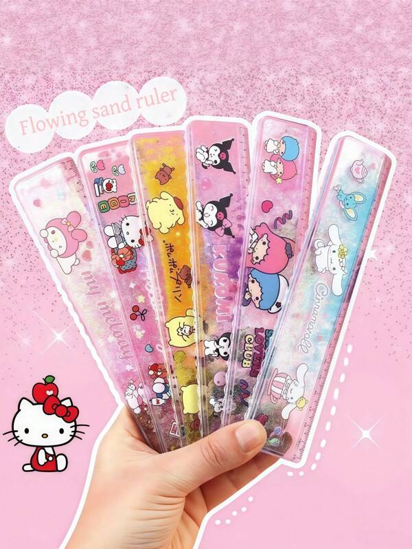 Sanrio 1 Stück Sanrio Hello Kitty Lineal mit Wellenrand, 20cm/7,874 Zoll, süßes Kuromi-, Mel-Design, gerade Linie, wellige Linie. Multifunktionales, verstärktes farbiges Linealsetui, tragbares Messwerkzeug, geeignet für Schule, Büro und Zuhause, mit Skalamarkierungen und leicht lesbarem Design, Pikachu-Entwurf, Anime-Messwerkzeug