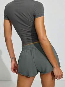 Womens Summer Casual Yoga Shorts Solid Color Elastic Waist Loose Jogger Shorts - 深灰色 - 查看 5