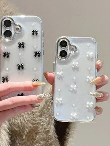 Cute Black Bow & Shiny Silver Border Transparent Background Epoxy Phone Case Compatible With IPhone 17/17Air/17Pro/17ProMax/16/15/14/13/12/11/X/XS/XR/Mini/Pro Max/Pro/Plus TPU All-Inclusive Soft Case - Black - View 3