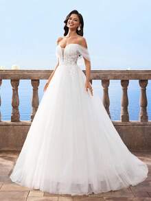 HEARBOBO 露肩白色订婚性感网眼 A 字形婚纱新娘带拖尾 - 白色 - 查看 7