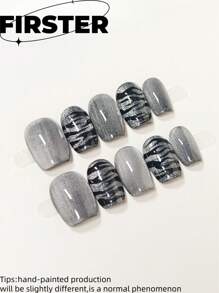 10 Stück handgemachte kurze ovale Kunstnägel, schwarz, Katzenaugen-Zebramuster Vollabdeckung wiederverwendbare Aufklebe-Nägel für Frauen, Reisen, Partys, Dates, Büroalltag, Festivitäten, Nagelbedarf