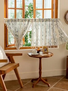 1 件奢华欧式简约薄纱短窗帘，三色几何线条和叶子图案田园设计，适用于厨房、餐厅、客厅、卧室、办公室和洗衣房装饰