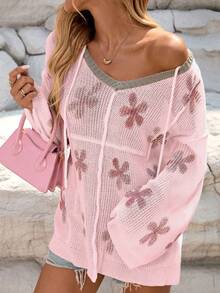 كنزة صوفية كاجوال فضفاضة بطباعة زهرية قابلة للسحب