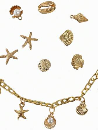 9pcs/Set Summer Beach Ocean Style Shoe Decorations, Including Starfish, Seashell, Golden Chain And Metal Accessories, Suitable For Sandals And Slippers, Fun Patterns, Great Party & Birthday Gift
