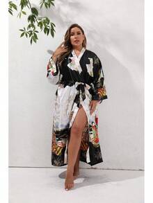 Women's Floral Long Satin Robes Plus Size Long Silk Robes Peacock Floral Kimonos Sleepwear Dressing Gown - 孔雀 | 黑色 - 查看 11