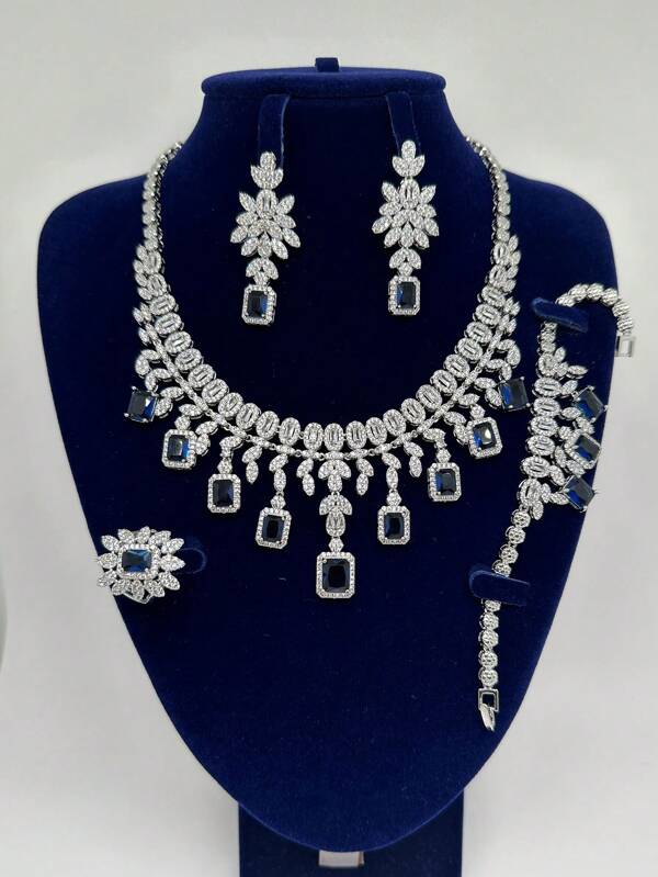 4pcs/Set Luxury Women's Red Zirconia Necklace, Earrings, Ring, Bracelet Jewelry Set, Elegant For Evening Party, Wedding, Bride, Mother's Day Luxury Gift