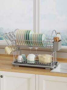 2-Tier Black Kitchen Countertop Dish Drying Rack With Automatic Drainage, Rust-Proof, Utensil Holder & Dish Drying Function, Space-Saving Kitchen Storage Rack, Birthday Decor, New Year & Valentine's Day Gift
