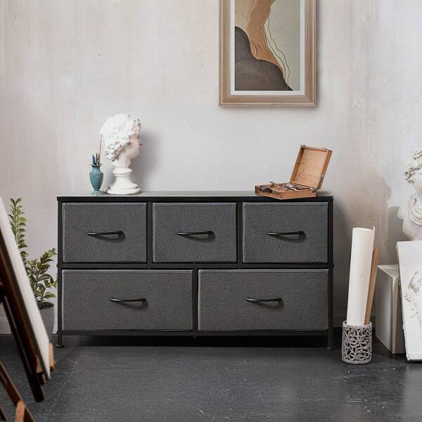 Sweetcrispy Sweetcrispy 5 Dresser Chest Bedroom, Metal Frame And Wood Top For TV Stand Up To 45 Inch With Fabric Storage Drawer Units For Living Room