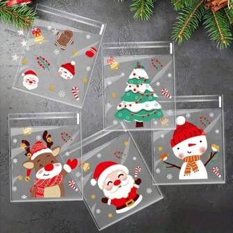 100/200/300pcs Christmas Gift Bags, Plastic Candy Cookie Packaging Bags With Self-Adhesive, Christmas Decorations And Holiday Themed Gifts