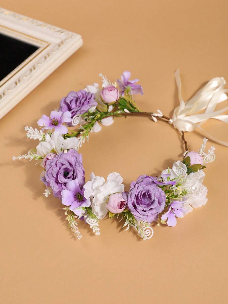 1pc Girls Pastoral-Style Artificial Flower Wreath With Roses, Hydrangeas, Crabapple Flowers, Elegant Hair Accessory Flower Crown Suitable For Beach Photos, Adjustable Size - Multicolor - View 1