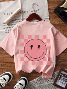 1pc Tween Girl Checkered Smiling Face Print Crew Neck Short Sleeve T-Shirt, Casual Fashion Summer Top