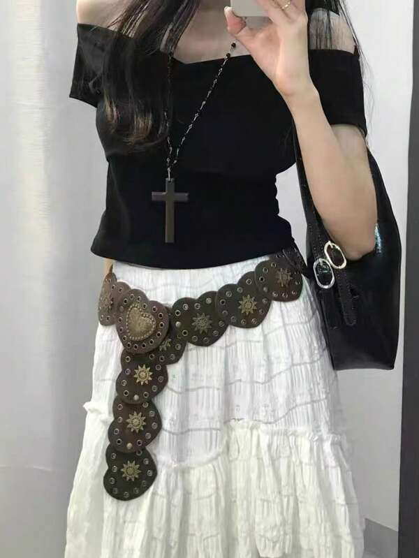 1 pieza Cinturón de cintura retro estilo vintage con remaches con diseño bohemio en forma de corazón, accesorio para uso diario y fiestas para mujeres