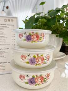 3pcs Enamel Baking & Serving Set, Multi-Functional Sealed Food Storage Containers, Provide 12/14/16 Capacity Storage Containers For Fruits And Vegetables, With Lids, For Fresh Produce, Portable Lunch Box, Freezer , Dishwasher Lunch Box, Patterned Design Fashionable Enamel Bowls With Lids, Soup Bowl, Salad Bowl, Enamel Fridge Container Microwave , Ideal For Home Kitchen, Office, School Lunch, Outdoor Camping Picnic.