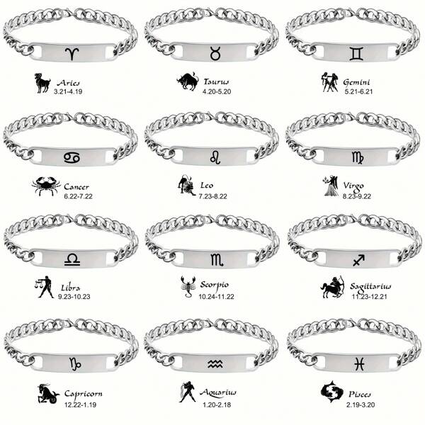 1 Pulsera romántica de acero inoxidable - Pulsera unisex de acero inoxidable con signos del zodíaco, con 12 constelaciones grabadas, regalo de cumpleaños personalizado con signo zodiacal, para hombres y mujeres, 12 símbolos astrológicos, pulsera de acero inoxidable con signos del zodíaco, 12 dijes del zodíaco, joyería de regalo unisex con moda del zodíaco para él y ella, pulsera astrológica de acero inoxidable grabada con eslabones de acero inoxidable y 12 diseños de constelación