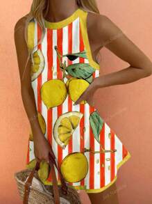Vestido sin mangas con estampado de hojas de limón en conflicto, estilo boho, casual, de verano, para vacaciones, cómodo, para mujer, para salir a brunch