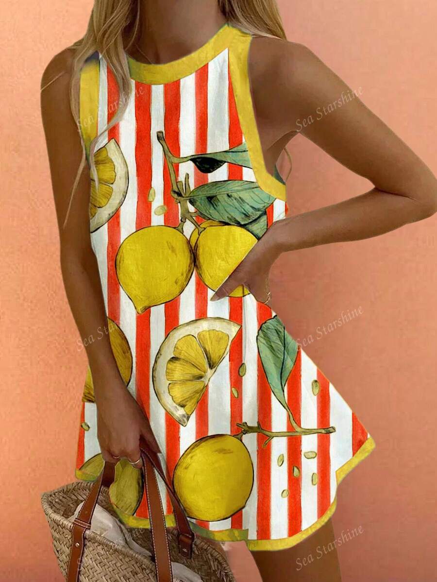 Vestido sin mangas con estampado de hojas de limón en conflicto, estilo boho, casual, de verano, para vacaciones, cómodo, para mujer, para salir a brunch