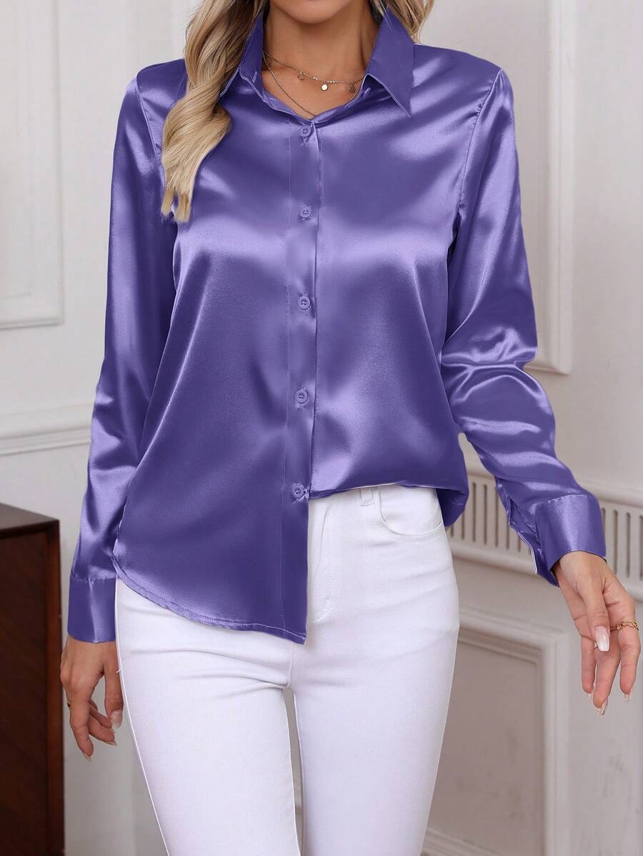 Blusa de mujer de manga larga, cuello vuelto y abotonadura sencilla, tipo seda, de unicolor, elegante para el uso diario - Morado medio - Ver 1