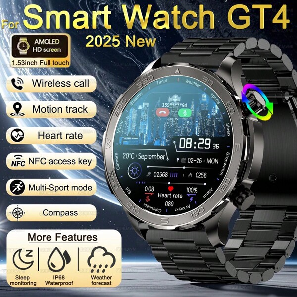 GUHUAVMI 2025 New Men's Outdoor Rugged Smart Watch GT4 Pro, 1.53'' HD Screen, Bluetooth Call, NFC Access Control, Fitness Tracker With Pedometer, Heart Rate Sleep Monitoring Smart Watch Compatible With Android IOS
