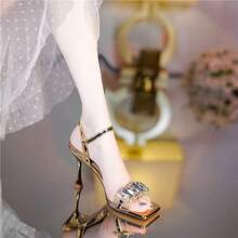 Sandalias de tacón alto nuevas mujeres de verano con taladros de agua de talón fino con tacones altos de cabeza cuadrada de temperamento,Sandalias de tacón para mujer - Dorado - Ver 5