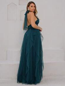 Long Party Dress For Wedding, Bridesmaid, Graduation In Plain Tulle With Cascade Skirt - Màu xanh lá cây đậm - Xem 3