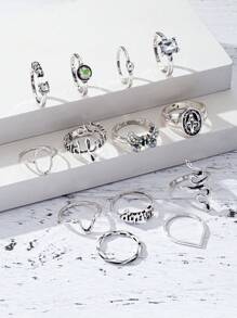Set de 13 anillos estilo punk, anillos minimalistas sexy de moda con diseños de corazón y geométricos, adecuados para mujer en fiestas, vacaciones y conjuntos