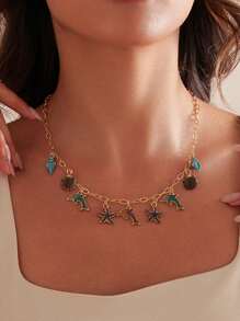 1 pieza de collar con elementos de vacaciones de verano europeos y americanos, con estrella de mar, concha, diseño de moda personalizado, pulsera de delfín