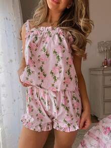 Women Y2k Floral Print 2 Piece Pajamas Set Loungewear Suits Tie-Up Bow Straps Sleeveless Cami Tops And Shorts Vacation Beach Clothes Sleepwear Pjs Outfits - 淺粉色 - 查看 1